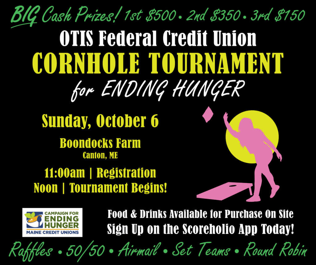 silhouette of someone playing cornhole on a black background advertising the otis fcu cornhole tournament